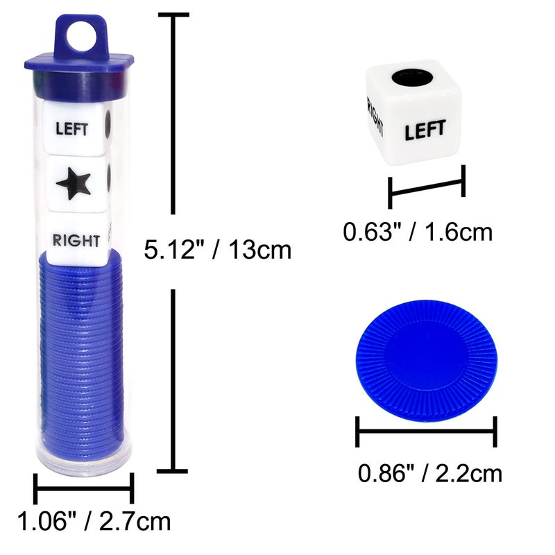 Ahoper Left Right Center Dice Game Prime Set Bundle with 3 Dices + 36 Chips. Round Tube Storage is Very Convenient for Travel. Easy to Store, Carry Around. (Blue) - Image 5