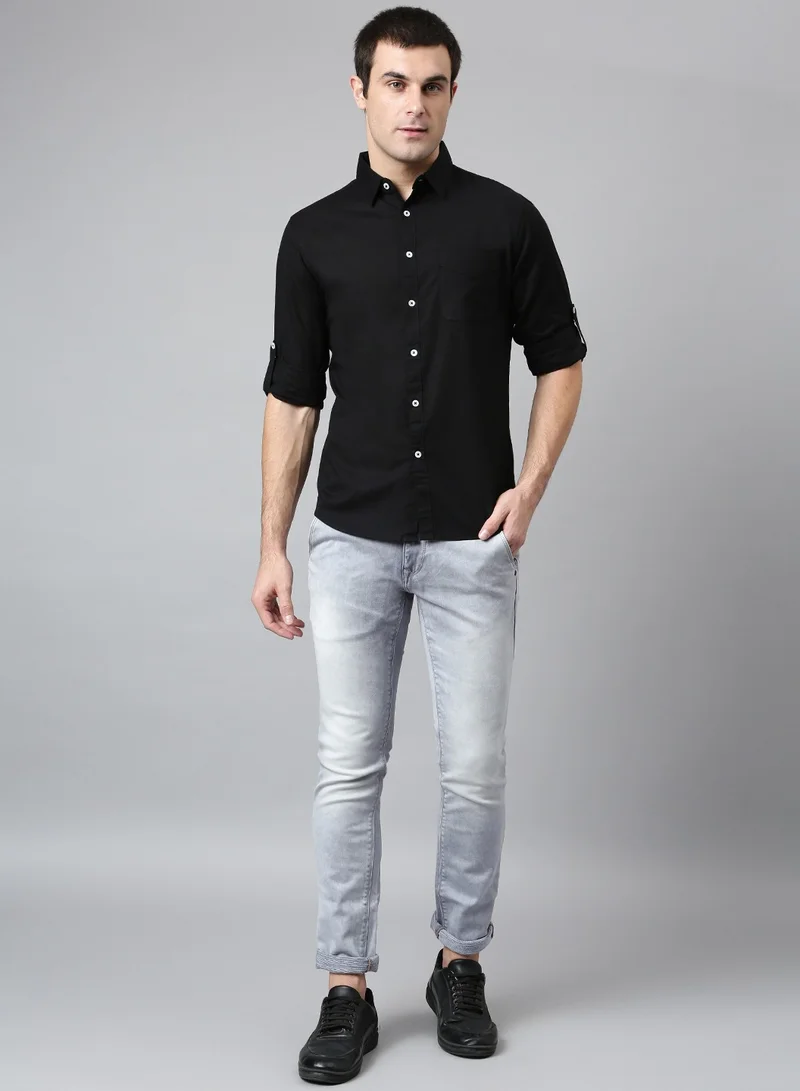 Dennis Lingo Slim Fit Black Men's Solid Shirt, Spread Collar, Full Sleeves, 100% Cotton,