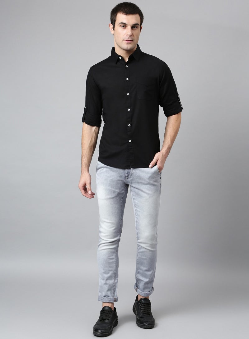 Dennis Lingo Slim Fit Black Men's Solid Shirt, Spread Collar, Full Sleeves, 100% Cotton,  - Image 5