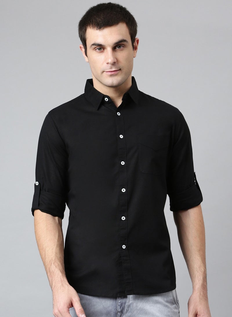 Dennis Lingo Slim Fit Black Men's Solid Shirt, Spread Collar, Full Sleeves, 100% Cotton,  - Image 1