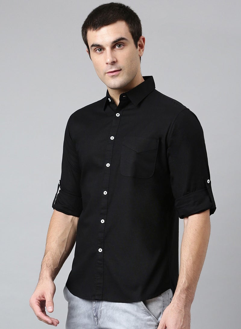 Dennis Lingo Slim Fit Black Men's Solid Shirt, Spread Collar, Full Sleeves, 100% Cotton,  - Image 3