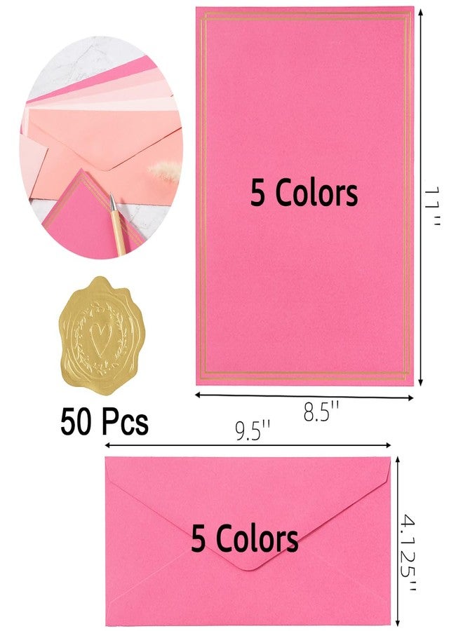Toperd 50 Pack Colored Stationery Set, 5 Colors #10 Business Envelopes, 50 Sheets 8.5x11 Paper Sheet and Gold Stickers for Office, Letters, Invitations (Pink) - Image 2