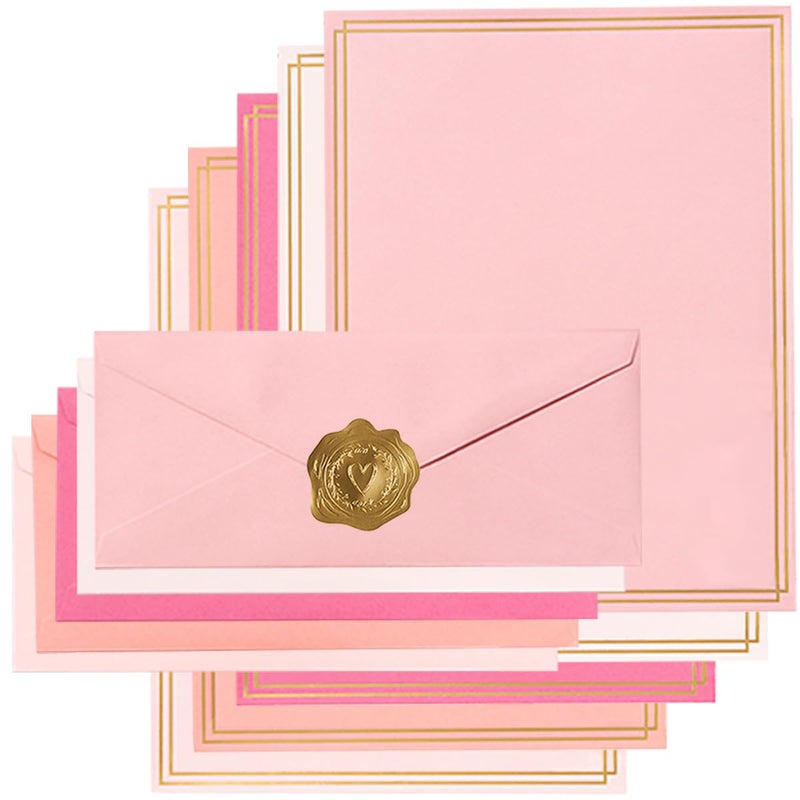 Toperd 50 Pack Colored Stationery Set, 5 Colors #10 Business Envelopes, 50 Sheets 8.5x11 Paper Sheet and Gold Stickers for Office, Letters, Invitations (Pink) - Image 1