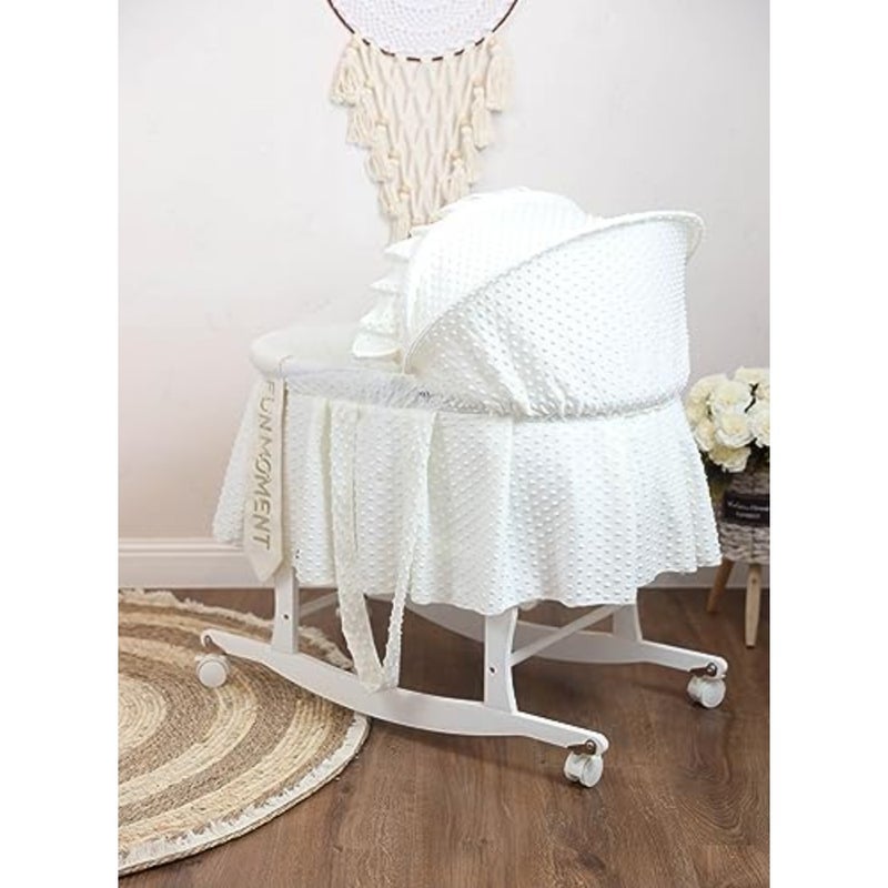 Moses Basket Cradle for Nursery Use, Iron Frame with Sugar Pebble Finish, White Stand with Wheels and Integrated Mosquito Net - Image 2