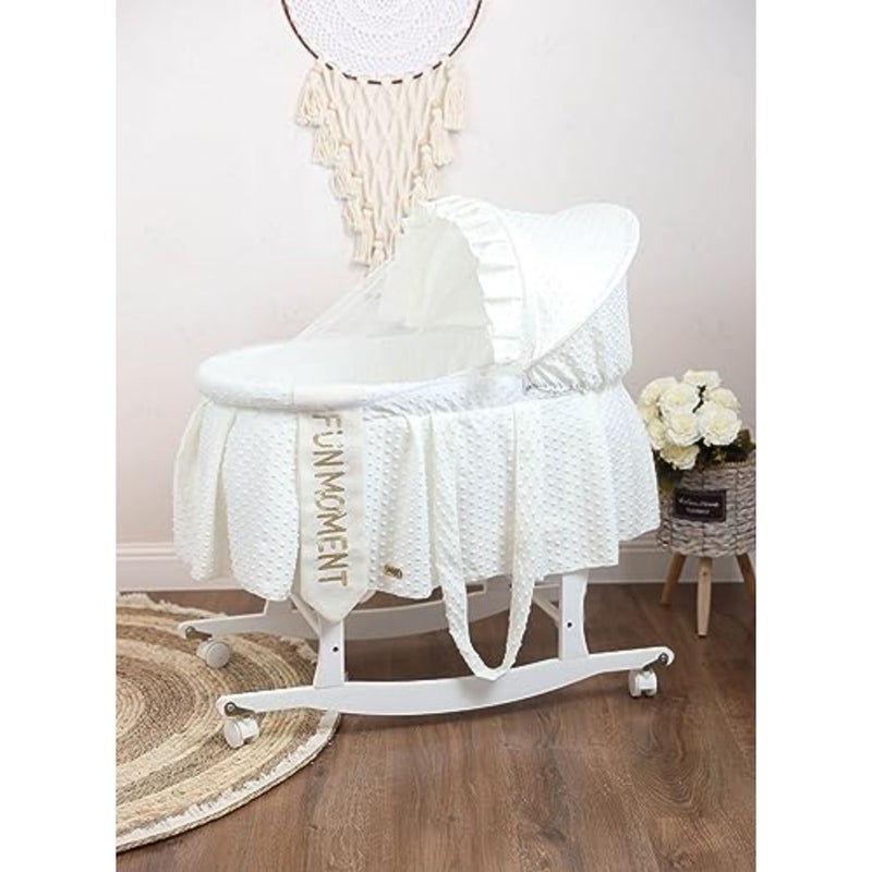 Moses Basket Cradle for Nursery Use, Iron Frame with Sugar Pebble Finish, White Stand with Wheels and Integrated Mosquito Net - Image 1