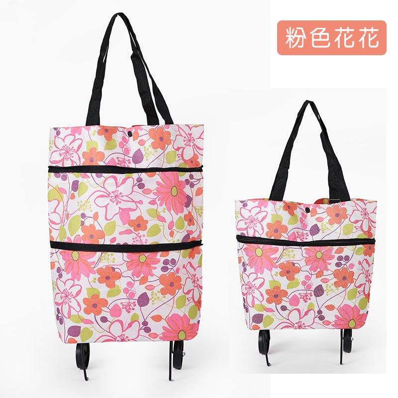 Foldable Trolley Shopping Cart with Handbag Pink Chrysanthemum 