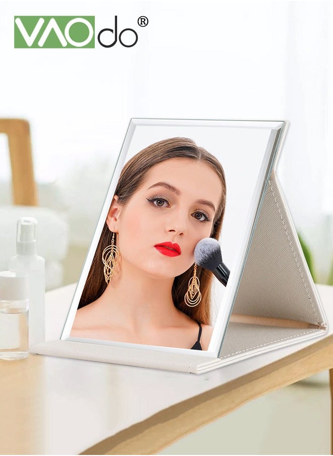 VAOdo Protable PU Leather Mirror, Folding Desktop Makeup Mirror with Adjustable Stand, Rectangular Ultrathin Vanity Mirrorfor Personal Use, for Travel, Camping, Home 27*20CM  - Image 1