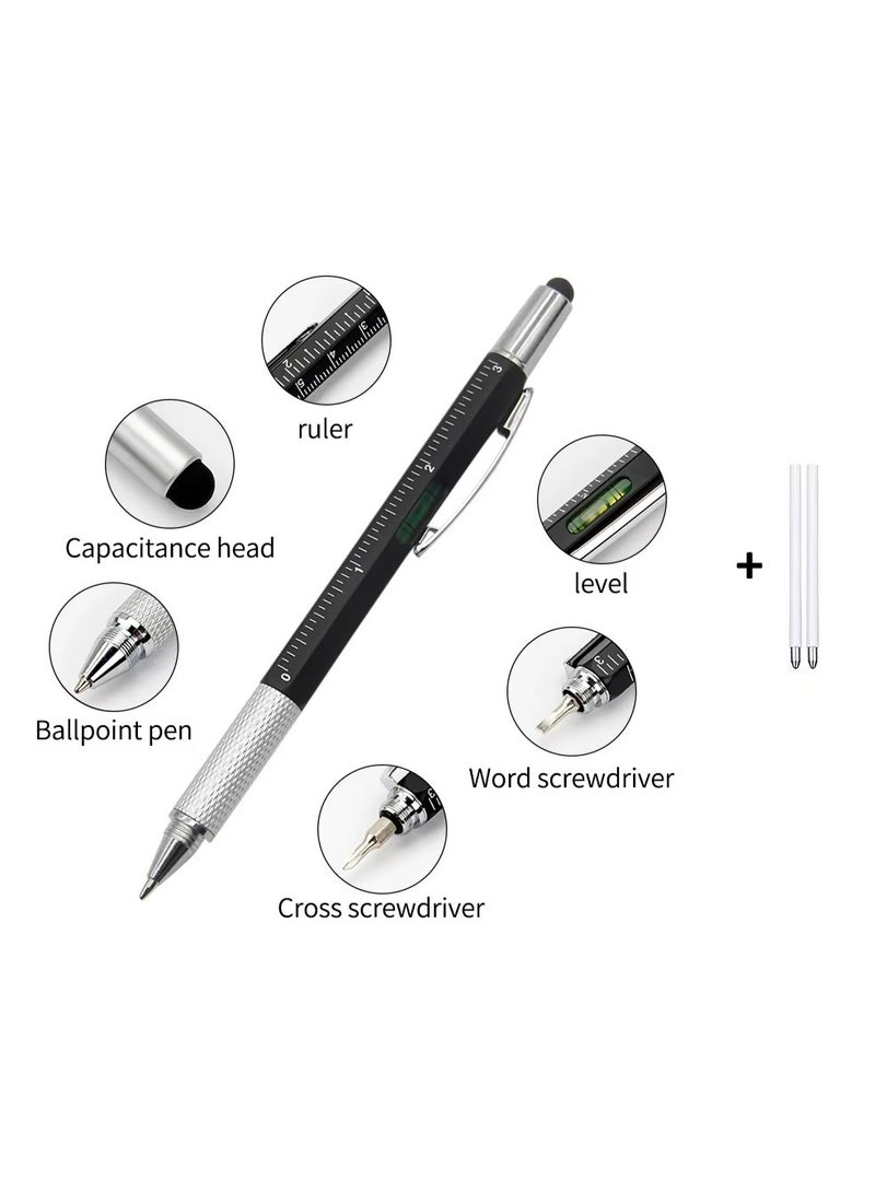 قلم حبر جاف متعدد الوظائف 6 في 1 + عبوتين بديلتين مع أدوات يدوية حديثة، مسطرة، مفك براغي مسطح، مفك براغي فيليبس، قلم لمس للشاشة، ميزان تسوية، أداة متعددة 6 في 1. - Image 1