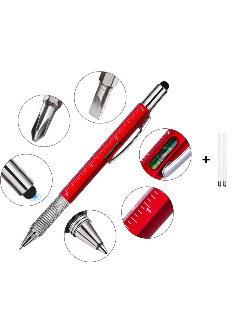 قلم حبر جاف متعدد الوظائف 6 في 1 + عبوتين بديلتين مع أدوات يدوية حديثة، مسطرة، مفك براغي مسطح، مفك براغي فيليبس، قلم لمس للشاشة، ميزان تسوية، أداة متعددة 6 في 1. - Image 2