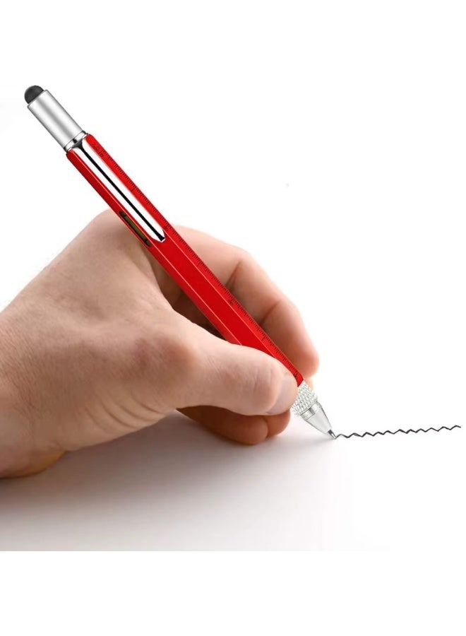 قلم حبر جاف متعدد الوظائف 6 في 1 + عبوتين بديلتين مع أدوات يدوية حديثة، مسطرة، مفك براغي مسطح، مفك براغي فيليبس، قلم لمس للشاشة، ميزان تسوية، أداة متعددة 6 في 1. - Image 4