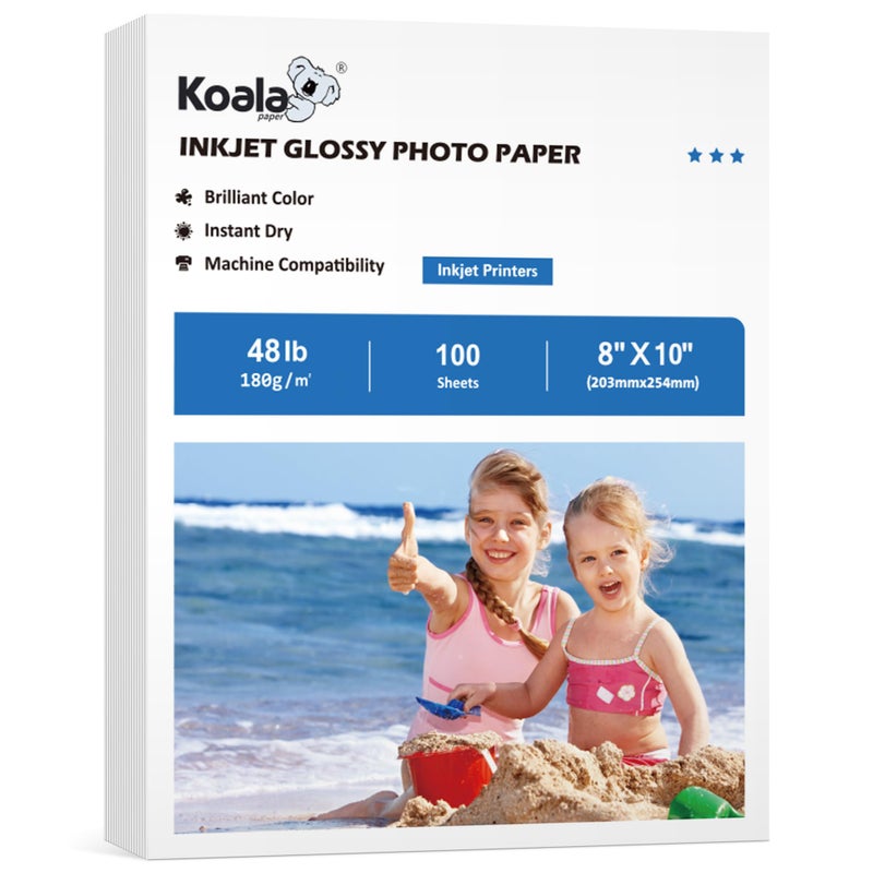 KOALA PAPER ورق صور لامع لطابعة نفث الحبر كوالا 8X10 بوصة 48 رطل 100 ورقة ورق فوتوغرافي لامع احترافي متوافق مع استخدام طابعة نفث الحبر حبر صبغي 180 جرام لكل متر مربع - Image 1