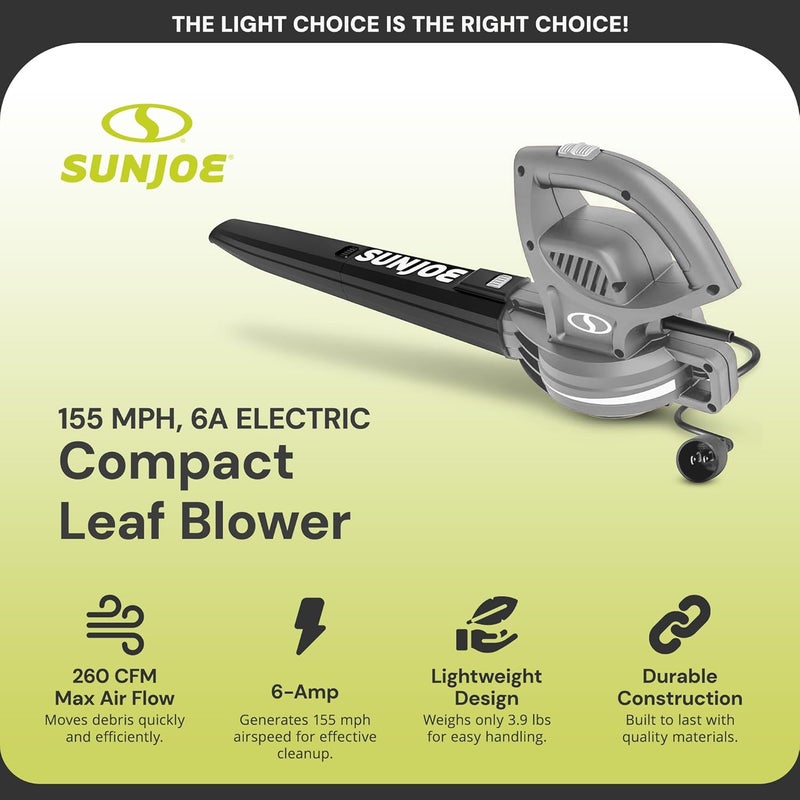Sun Joe Corded Electric Leaf Blower Machine, 155 MPH, 260 CFM, 6-Amp Motor, Gray - Portable and Lightweight Gardening Equipment for Yard Care and Lawn Maintenance, SBJ597E-GRY - Image 2