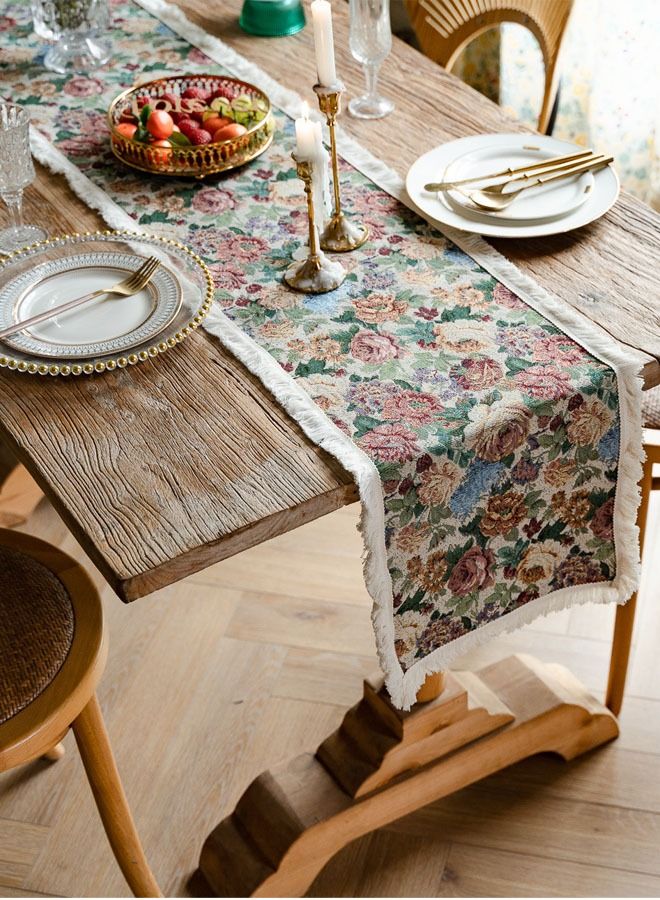 DUNISO مزرعة الجدول عداء الكتان اليدوية ريفي الجدول عداء زهرة مطبوعة مع شرابات لقضاء عطلة حفلة غرفة الطعام المطبخ 30*183 سنتيمتر - Image 5