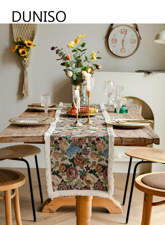 DUNISO مزرعة الجدول عداء الكتان اليدوية ريفي الجدول عداء زهرة مطبوعة مع شرابات لقضاء عطلة حفلة غرفة الطعام المطبخ 30*183 سنتيمتر - Image 1