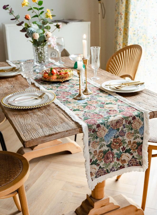 DUNISO مزرعة الجدول عداء الكتان اليدوية ريفي الجدول عداء زهرة مطبوعة مع شرابات لقضاء عطلة حفلة غرفة الطعام المطبخ 30*183 سنتيمتر - Image 2