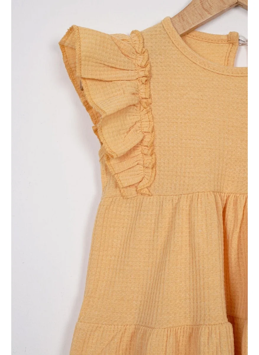 زيبكيدز Mustard Color Girl Waffle Dress with Ruffled Sleeves