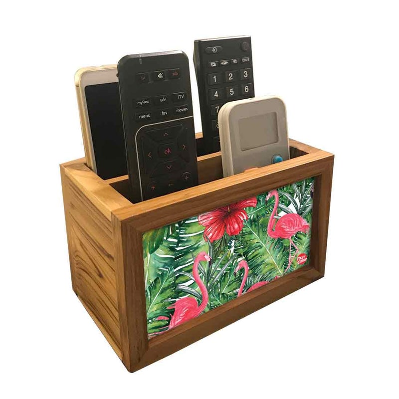 Nutcase Designer Teak Wood TV Remote Stand For Home Remote Holders Organizer Caddy for TV/AC Remotes Control -Multipurpose Desk Organiser-6�x4�x4� - Flamingoes Floral - Image 1