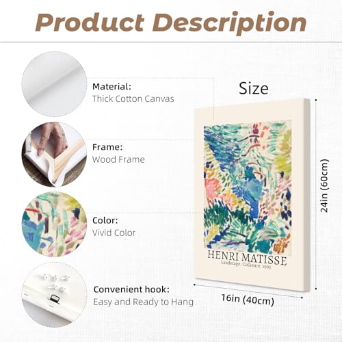 Baccone Henri Matisse Wall Art Canvas Vintage Prints Landscape Exhibition Posters for Room Bedroom Aesthetic Matisse Decor 16x24x3 Inch Wrapped Canvas - Image 3