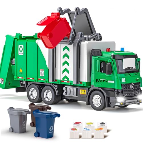 HAPYAD Side Loading Garbage Truck Toys Metal CAB Trash Truck with AirPump Function Lights Sounds Includes 4 Trash Bins Learning Cards Birthday Gift for Toddlers Kids 12 - Image 1