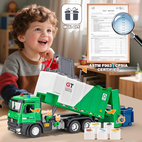 HAPYAD Side Loading Garbage Truck Toys Metal CAB Trash Truck with AirPump Function Lights Sounds Includes 4 Trash Bins Learning Cards Birthday Gift for Toddlers Kids 12 - Image 5