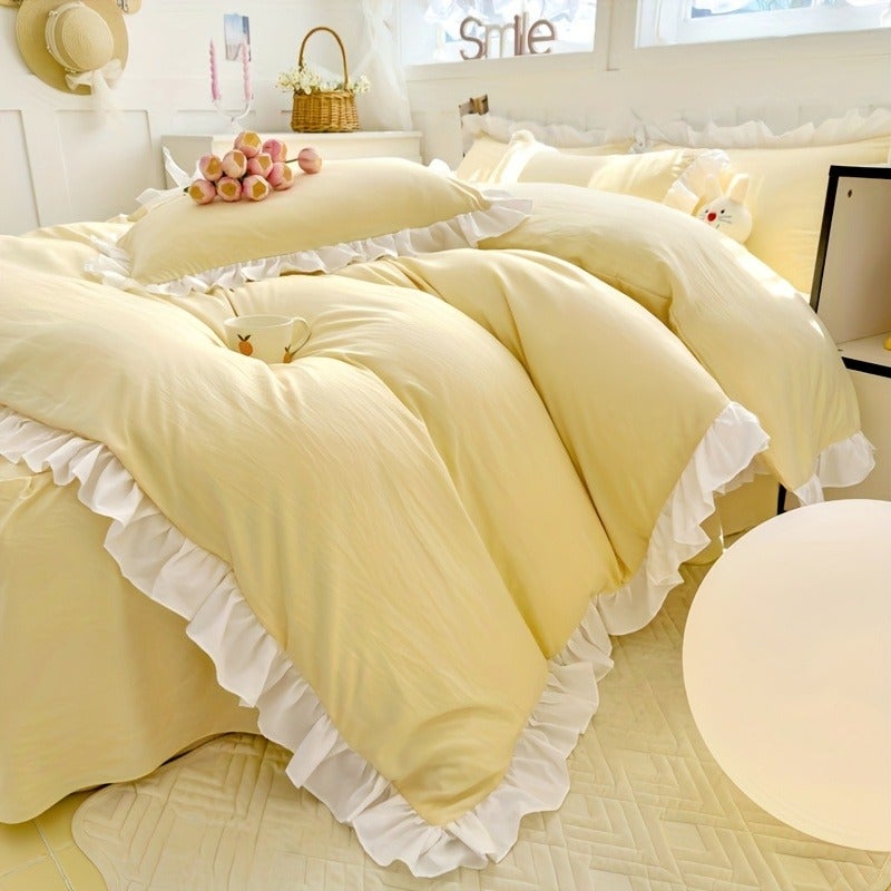 3pcss 90G Brushed Solid Color Duvet Cover Lace 3pcs Set Bedroom Guest Room Soft Comfortable Includes 1pc Duvet Cover And 2pcs Pillowcases - Image 4