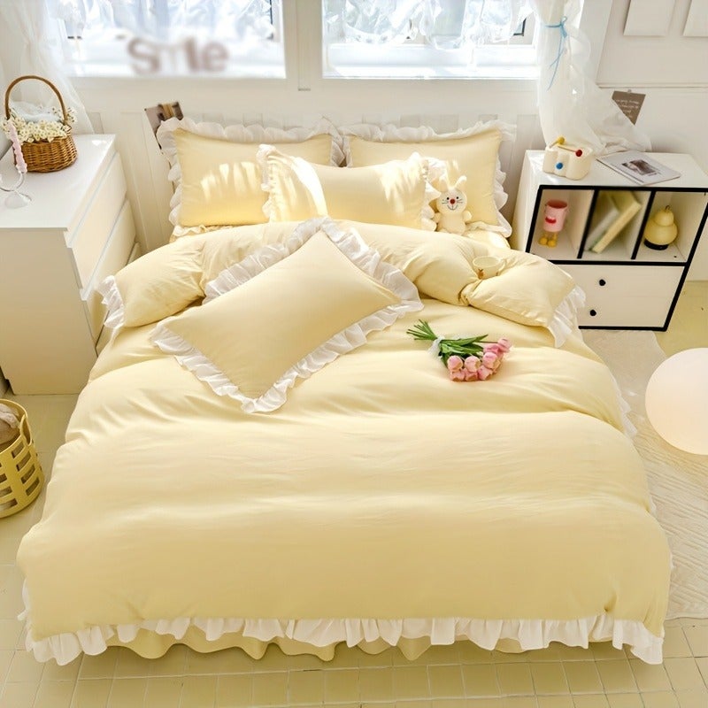 3pcss 90G Brushed Solid Color Duvet Cover Lace 3pcs Set Bedroom Guest Room Soft Comfortable Includes 1pc Duvet Cover And 2pcs Pillowcases - Image 1