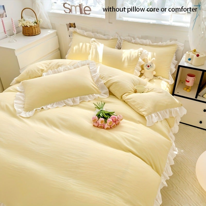 3pcss 90G Brushed Solid Color Duvet Cover Lace 3pcs Set Bedroom Guest Room Soft Comfortable Includes 1pc Duvet Cover And 2pcs Pillowcases - Image 3