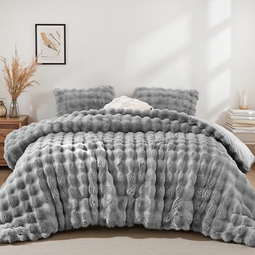 YIKUSH Light Gray Comforter Set Queen – Ultra Soft & Warm Faux Fur Comforter for Winter, Elegant Fluffy Comforter Queen Set with Pillowcases, Cozy Gray Queen Bedding Set - Image 1