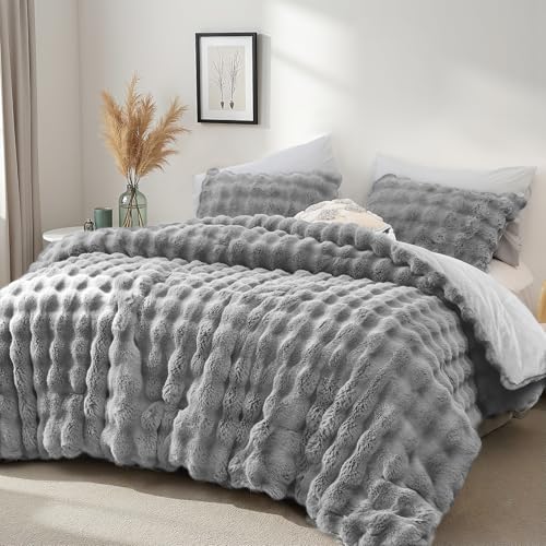 YIKUSH Light Gray Comforter Set Queen – Ultra Soft & Warm Faux Fur Comforter for Winter, Elegant Fluffy Comforter Queen Set with Pillowcases, Cozy Gray Queen Bedding Set - Image 2