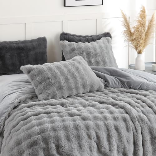 YIKUSH Light Gray Comforter Set Queen – Ultra Soft & Warm Faux Fur Comforter for Winter, Elegant Fluffy Comforter Queen Set with Pillowcases, Cozy Gray Queen Bedding Set - Image 4