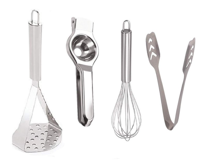 Easy Chef Easy Chef Combo 4 Pieces Set of Stainless Steel of Potato Masher Lemon Squeezer Cum Bottle Opener Egg Whisk Stainless Steel Mom Tong  - Image 1