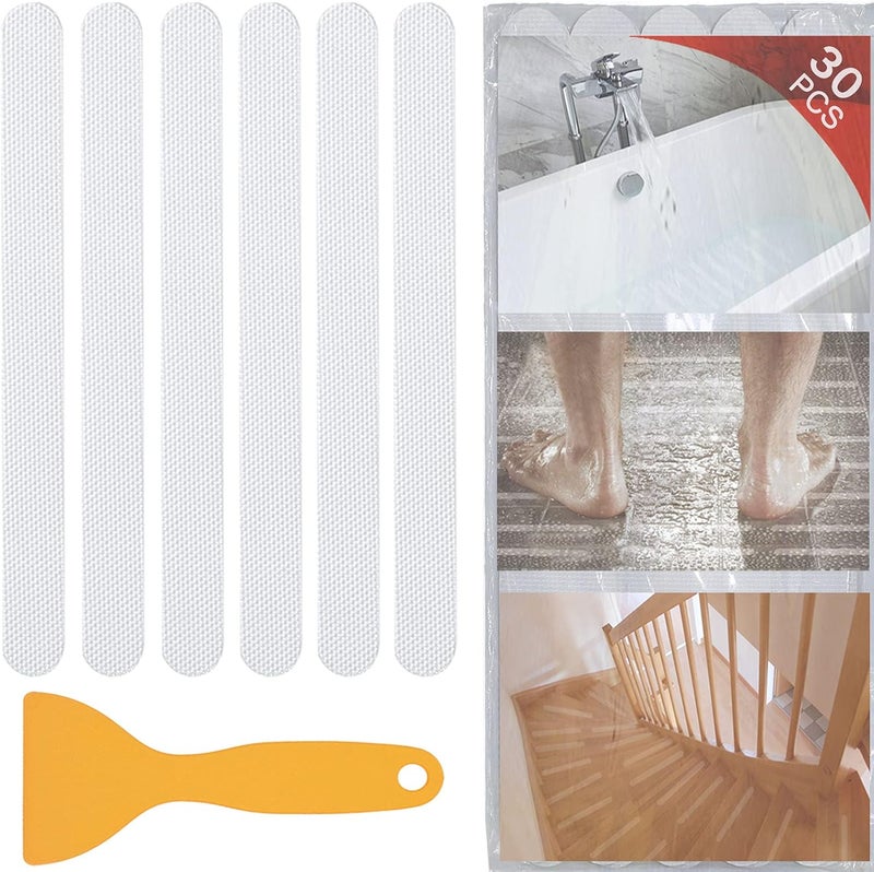 V-TOP 30 PCS Non Slip Shower Stickers, Safety Shower Non Slip Adhesive Strips Treads for Bathroom Floor Tub Stairs Ladders Pools Boats, Bathtub Appliques for Adults & Kids with Scraper (Clear) - Image 1