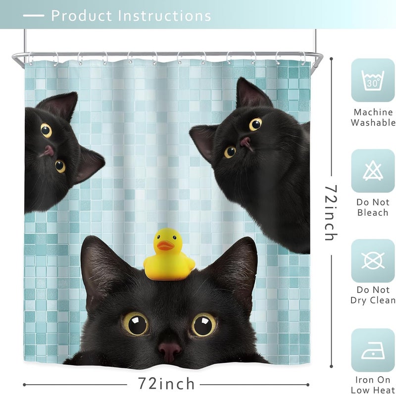 Riyidecor Funny Black Cat Shower Curtain 72Wx72H Inch Cute Kids Lovely Animal Fun Kitten Yellow Rubber Duck Pet Lovers Hilarious Modern Bathroom Decor Fabric Polyester Waterproof 12 Pack Hooks - Image 5