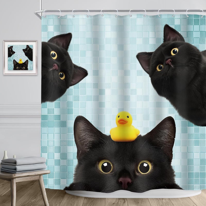 Riyidecor Funny Black Cat Shower Curtain 72Wx72H Inch Cute Kids Lovely Animal Fun Kitten Yellow Rubber Duck Pet Lovers Hilarious Modern Bathroom Decor Fabric Polyester Waterproof 12 Pack Hooks - Image 3