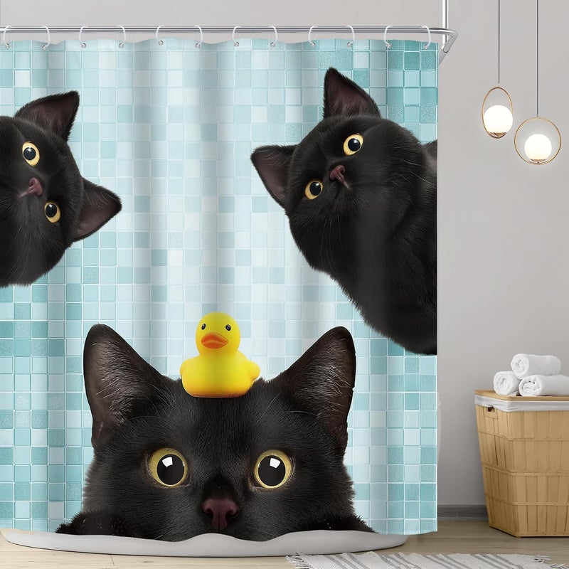 Riyidecor Funny Black Cat Shower Curtain 72Wx72H Inch Cute Kids Lovely Animal Fun Kitten Yellow Rubber Duck Pet Lovers Hilarious Modern Bathroom Decor Fabric Polyester Waterproof 12 Pack Hooks - Image 2