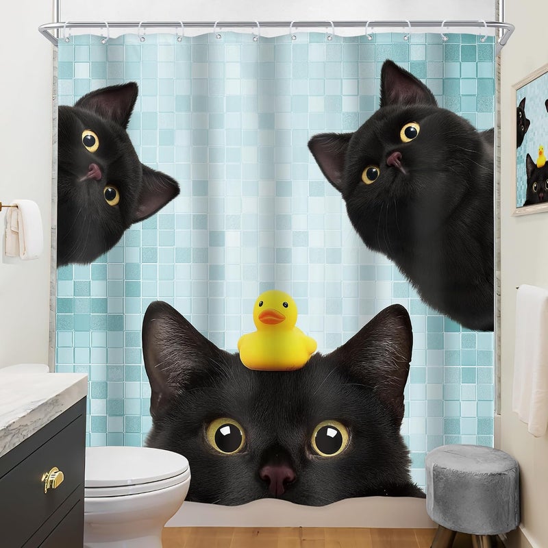 Riyidecor Funny Black Cat Shower Curtain 72Wx72H Inch Cute Kids Lovely Animal Fun Kitten Yellow Rubber Duck Pet Lovers Hilarious Modern Bathroom Decor Fabric Polyester Waterproof 12 Pack Hooks - Image 4