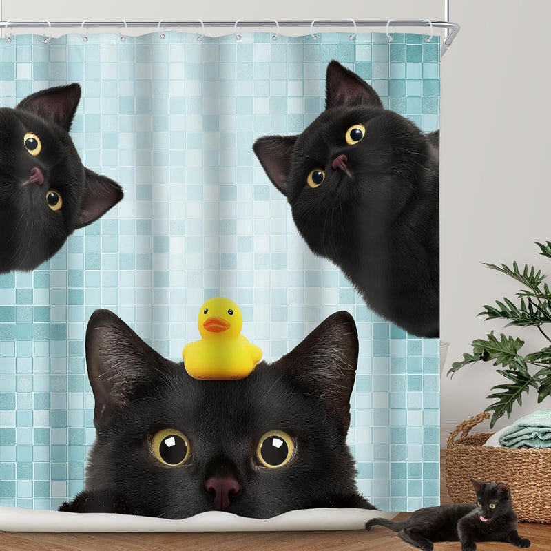 Riyidecor Funny Black Cat Shower Curtain 72Wx72H Inch Cute Kids Lovely Animal Fun Kitten Yellow Rubber Duck Pet Lovers Hilarious Modern Bathroom Decor Fabric Polyester Waterproof 12 Pack Hooks - Image 1