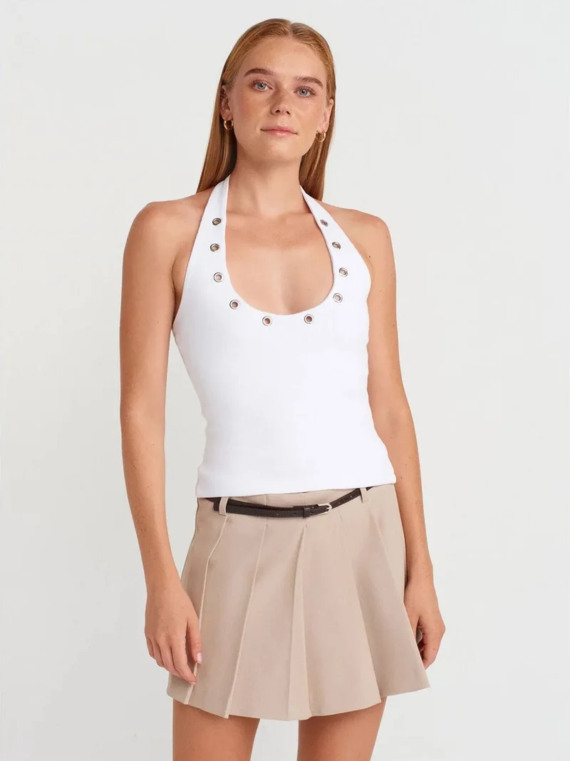 ديلفين Dilvin Crop Halterneck Ribbed Blouse With Stone Detail