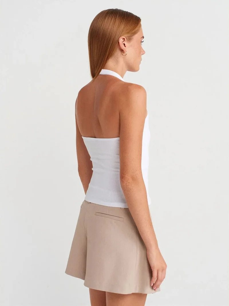 ديلفين Dilvin Crop Halterneck Ribbed Blouse With Stone Detail