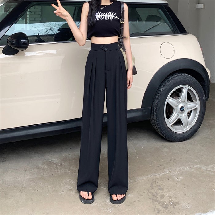 Wide Leg Pants Women'S Summer Thin High Waist Draping Black Slim Look Straight Casual Suit Pants For Small Men High Sense - Image 1