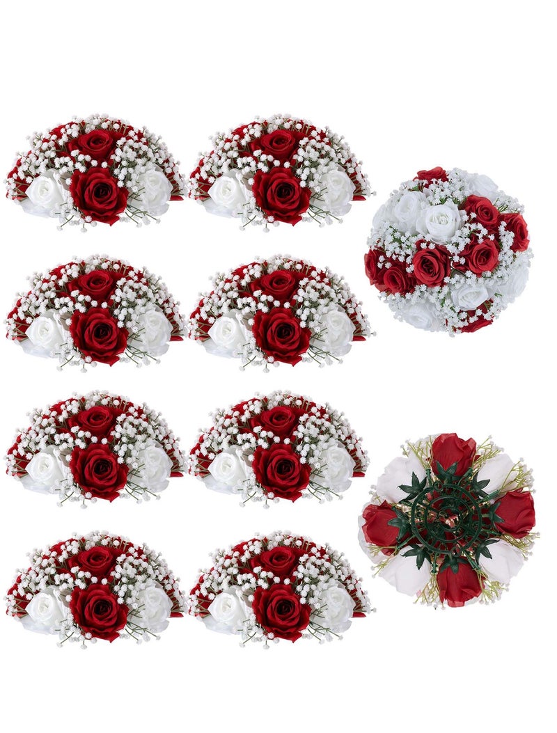 BLOSMON Fake Flowers Ball Wedding Centerpieces 10 Pcs Crimson Rose Babys Breath Artificial Flowers Center Pieces Decoration for Table Silk Kissing Floral Bouquet Arrangements for Home Party DIY Decor - Image 1