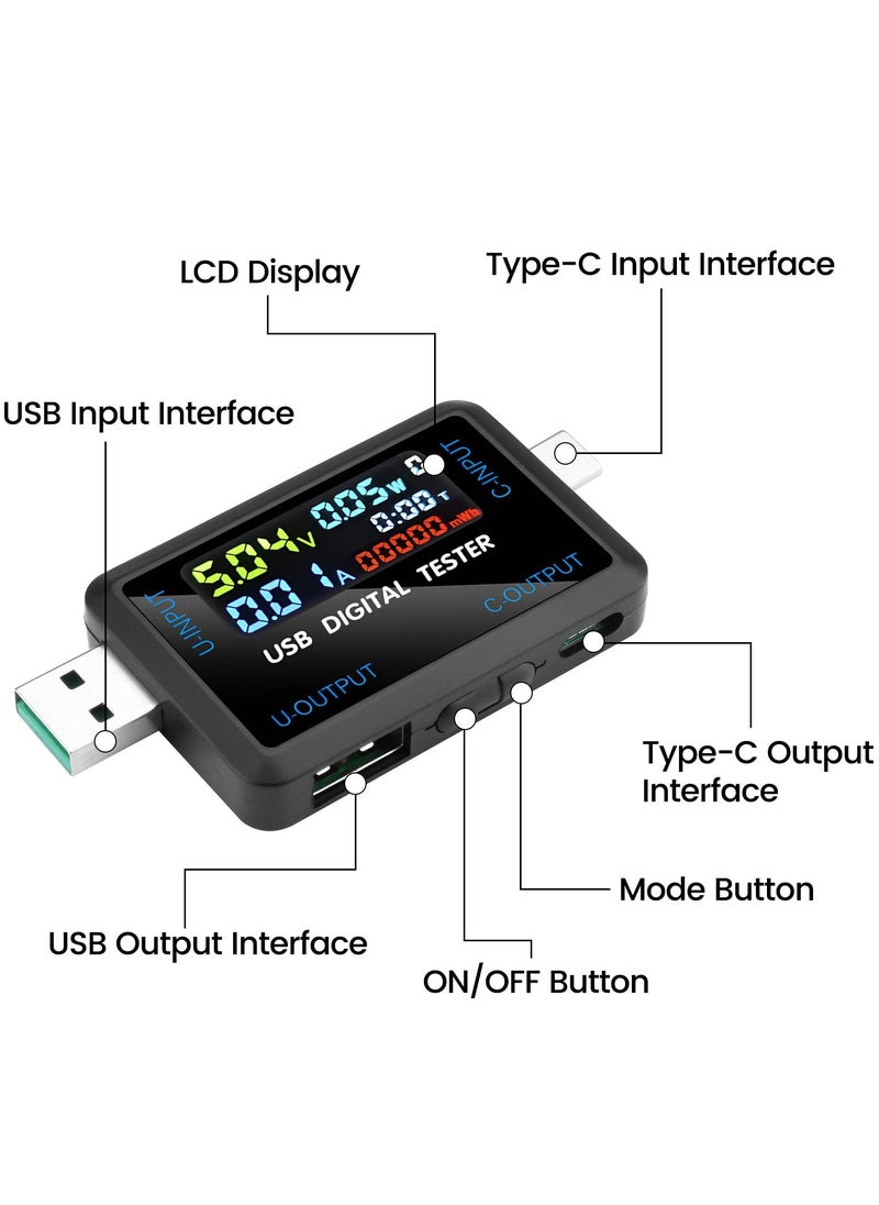 Excefore - USB C Tester, 2 in 1 Tester Color Screen IPS Digital Multimeter, Voltage, Cur, Pwr, Resistance, Elec, Temp, Capacity, Tme, Fast Charging, Dual Interface Supports Multiple Fast Charging Protocols - Image 1