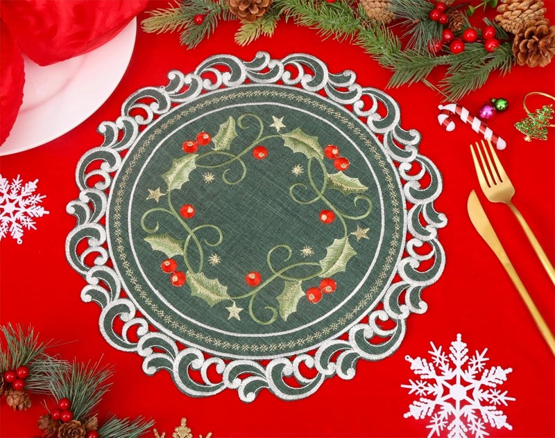 GRANDDECO GRANDDECO Holiday Christmas Placemat 14 Set of 4 Cutwork Embroidered Floral Holly Berry Dresser Scarf Table Topper for Home Dining Xmas Table Top DecorationRound  - Image 2