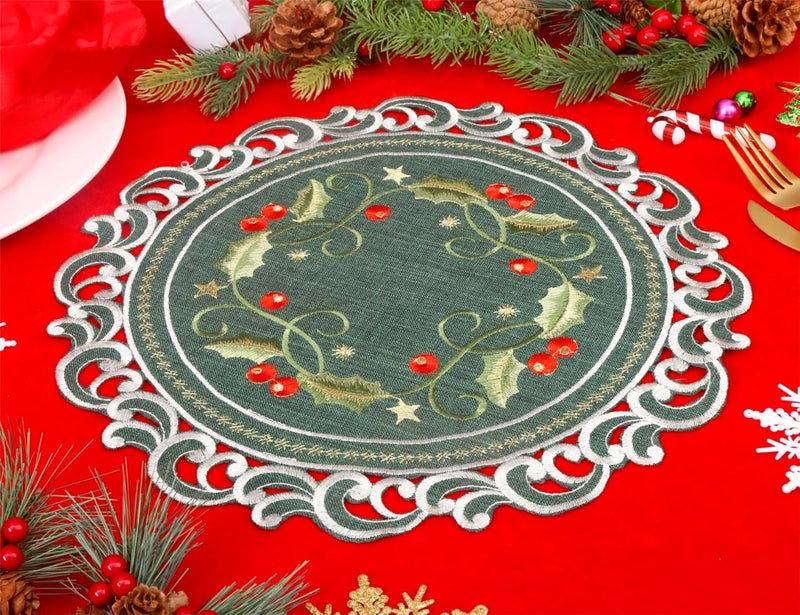 GRANDDECO GRANDDECO Holiday Christmas Placemat 14 Set of 4 Cutwork Embroidered Floral Holly Berry Dresser Scarf Table Topper for Home Dining Xmas Table Top DecorationRound  - Image 5