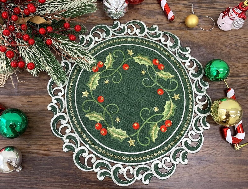 GRANDDECO GRANDDECO Holiday Christmas Placemat 14 Set of 4 Cutwork Embroidered Floral Holly Berry Dresser Scarf Table Topper for Home Dining Xmas Table Top DecorationRound  - Image 4