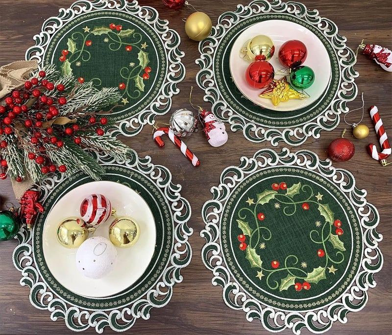 GRANDDECO GRANDDECO Holiday Christmas Placemat 14 Set of 4 Cutwork Embroidered Floral Holly Berry Dresser Scarf Table Topper for Home Dining Xmas Table Top DecorationRound  - Image 3