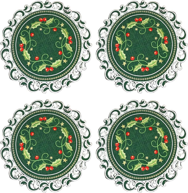 GRANDDECO GRANDDECO Holiday Christmas Placemat 14 Set of 4 Cutwork Embroidered Floral Holly Berry Dresser Scarf Table Topper for Home Dining Xmas Table Top DecorationRound  - Image 1