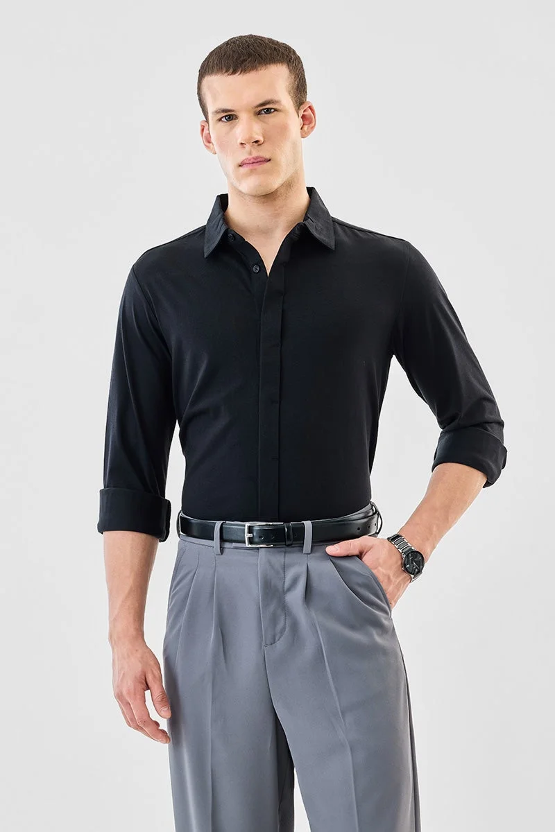 SNITCH Black Solid Long Sleeve Regular Fit Formal Shirt