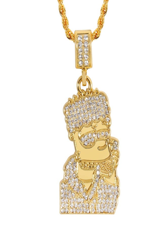 putouzip Bart Chain Necklace 18K Gold Plated Fully Iced Out Zircon Stainless Steel Pendant For Men Gift(Gold) - Image 1