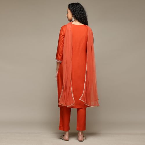 BIBA Women's Burnt Orange Rayon Straight Kurta Pants Suit Set_32 - Image 3